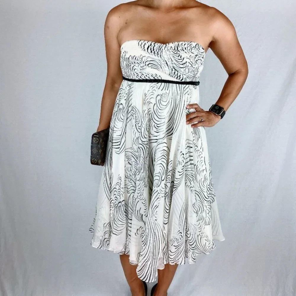 Marchesa Notte White Black Strapless Midi Dress $795 - Picture 2 of 11